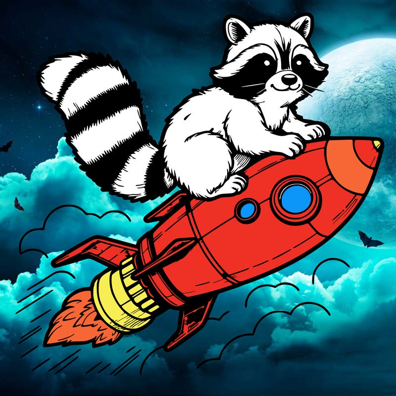 realistic raccoon flying on top rocket ship