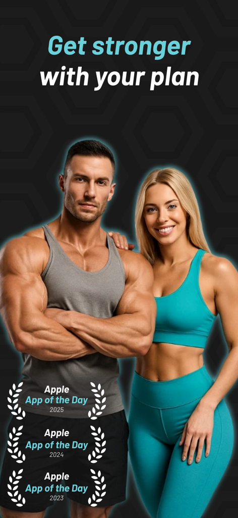 MyFitCoach - Workout Planner - MyFitCoach promotional screen featuring fitness models and Apple App of the Day awards from 2023 to 2025