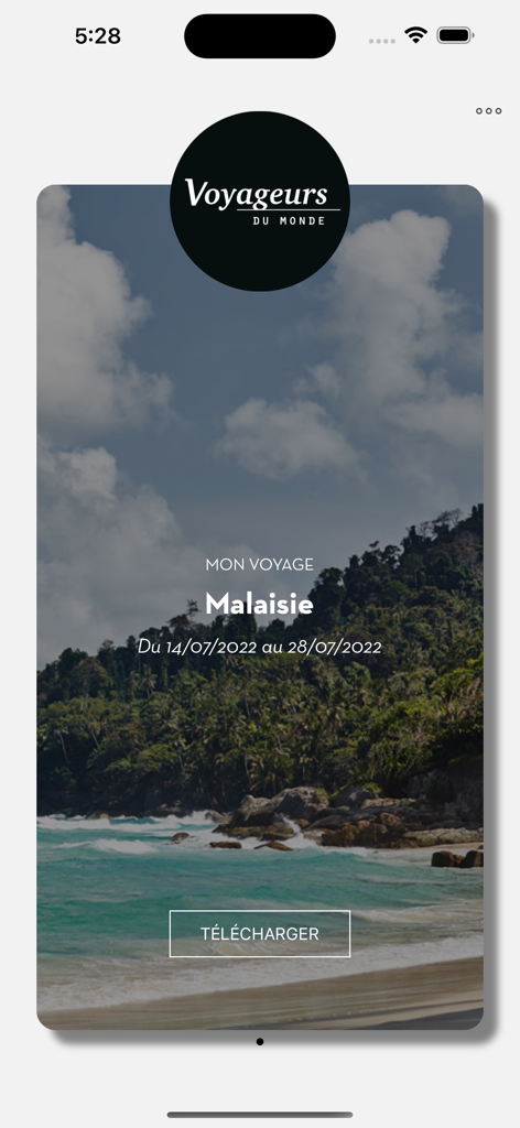 Voyageurs du Monde - Voyageurs du Monde app screen showing a luxury tailor-made trip itinerary to Malaysia with a tropical beach background