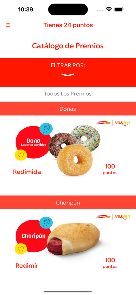 Terpel Friend - Pantalla de recompensas de la aplicación Terpel Friend que muestra el saldo de puntos y los premios de comida disponibles