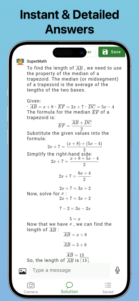 Pre Calculus - Schermata dell'app Super Math che mostra una soluzione di geometria passo-passo con equazioni algebriche dettagliate