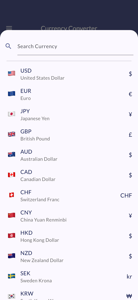 Real-Time Currency Converters - Una lista de divisas globales con banderas y símbolos en la aplicación Currency Converter en Tiempo Real