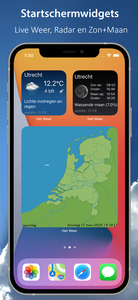 Tela inicial do iPhone exibindo widgets de clima para a Holanda, incluindo temperatura, fases da lua e um mapa de radar