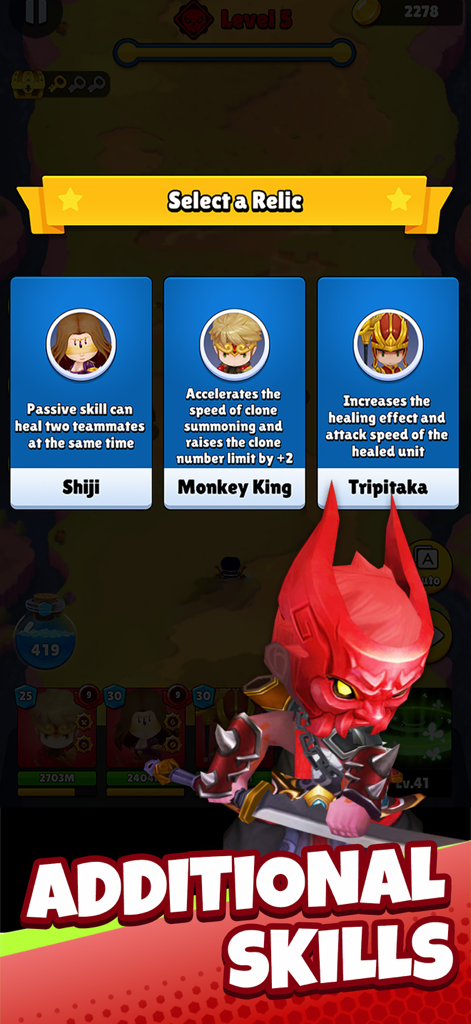 Heroes Assemble: Eternal Myths - A relic selection screen in Heroes Assemble Eternal Myths showing additional skill choices for characters like Monkey King and Shiji