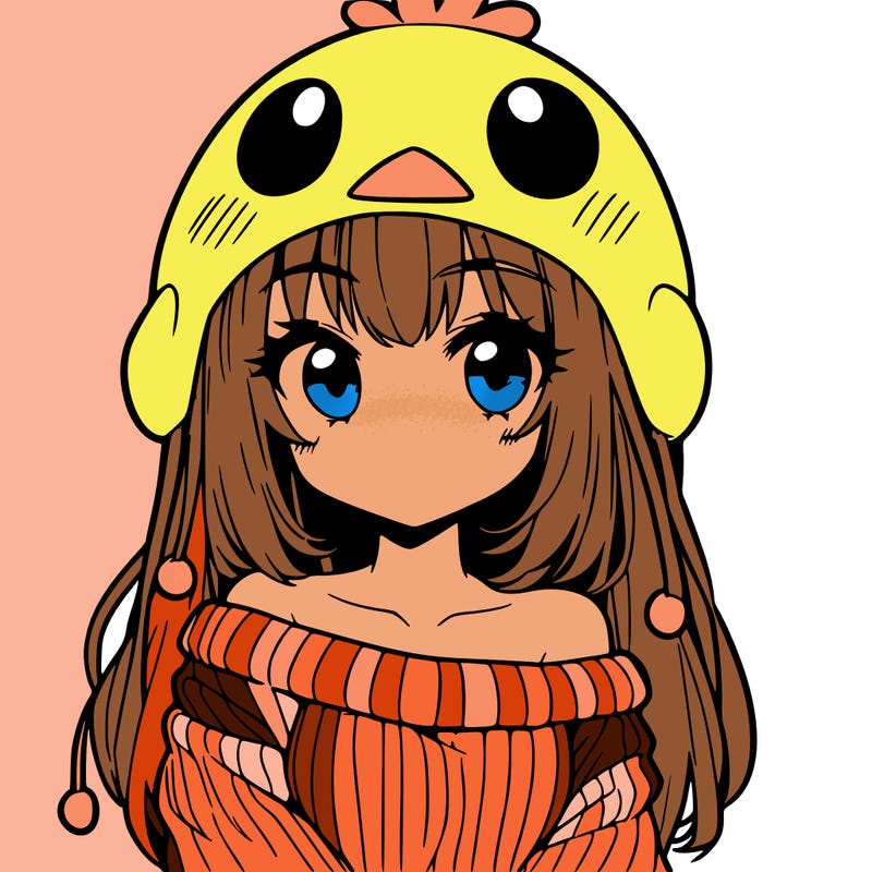 anime girl with chick shaped hat with sweater with bare shoulders with bangs covering them one eye with low tail