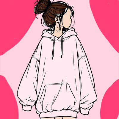 realistic girl with a oversized sweatshirt on and a bun