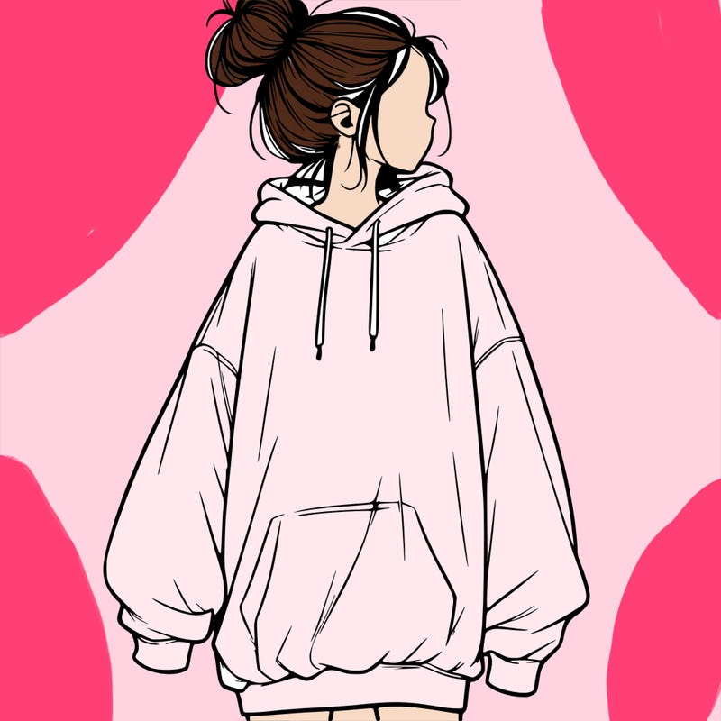 realistic girl with a oversized sweatshirt on and a bun