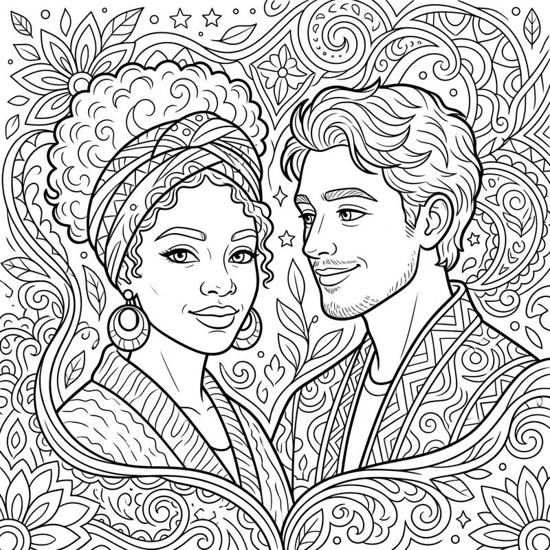 Discover a beautiful coloring page celebrating the unique connection of an intercultural couple. This intricate design invites you to explore diversity through mindful coloring and artistic expression.