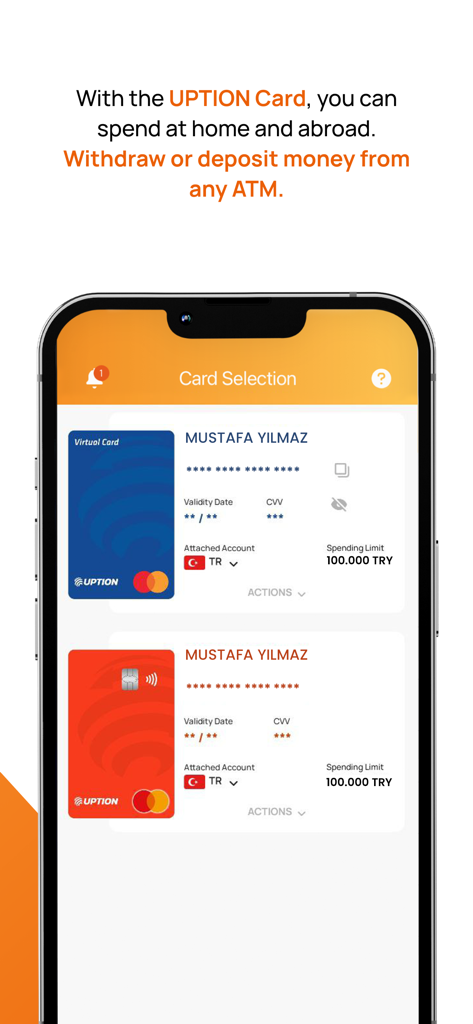 UPTION Para Transferi - UPTION app interface showing virtual and physical card options for international spending