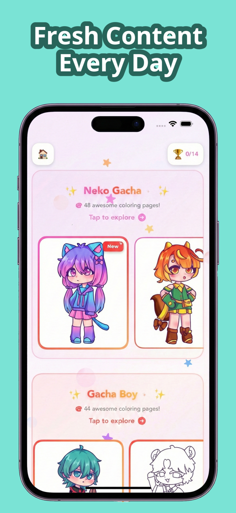 Chibi Coloring Book: Anime Art - Screenshot of the Chibi Coloring Book app menu showing various cute hand drawn anime and neko gacha character categories.