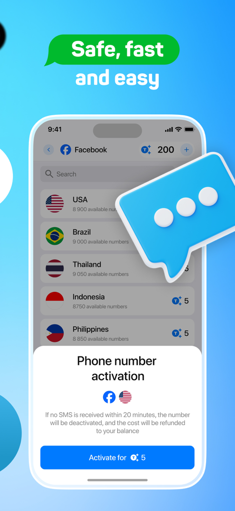 Schermata dello smartphone che mostra l'interfaccia dell'app SMS activate per l'attivazione di numeri virtuali