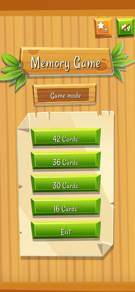 Memory Cartoon - Animals - Main menu of Memory Cartoon Animals showing game mode selection for different card counts