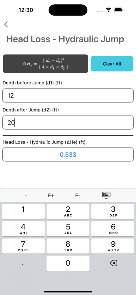 Hydraulics and Waterworks Calc - Écran de calcul de la perte de charge du ressaut hydraulique montrant la formule et les champs de saisie pour la profondeur avant et après le ressaut