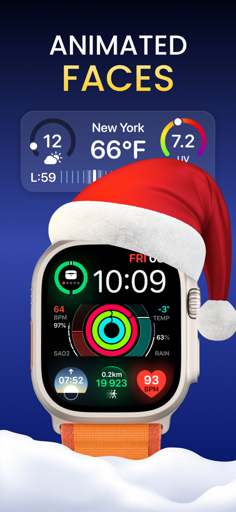 Watch Faces & Widget Gallery - Apple Watch Ultra com um chapéu de Papai Noel e widgets de complicação de rastreamento de saúde
