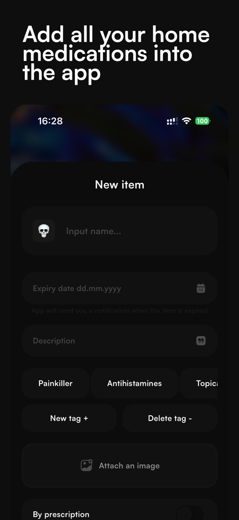 Pillo: Track Your Home Meds - Mobile app interface for adding home medications with expiry dates and category tags