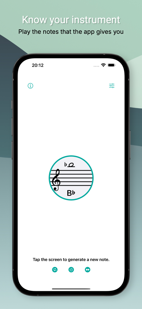 Random music notes generator - A mobile app screen showing a musical staff with a B flat note and the instruction to tap for a new note.