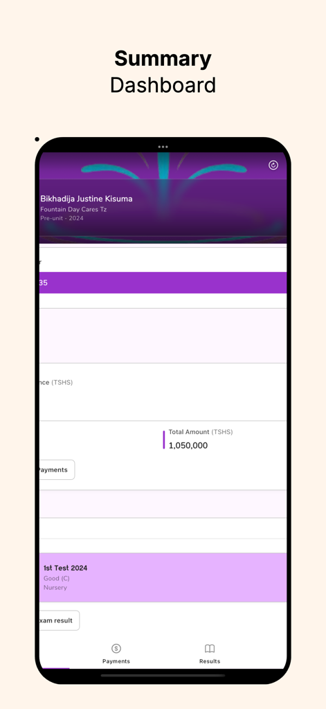 Fountain Day Cares Tz - Painel de resumo do aplicativo Fountain Daycare mostrando detalhes do aluno e status de pagamento