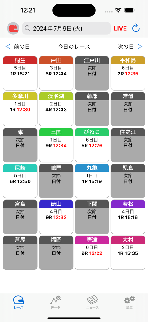 sibuki 競艇、ボートレースの予想補助ツール - Sibuki mobile app interface displaying a grid of Japanese powerboat racing venues and race times
