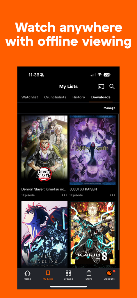 Crunchyroll mobile app interface showing the downloads tab for offline anime viewing.