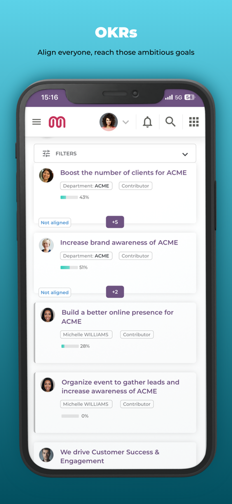 Mirro.io mobile app OKR dashboard showing team goals and progress bars for business alignment