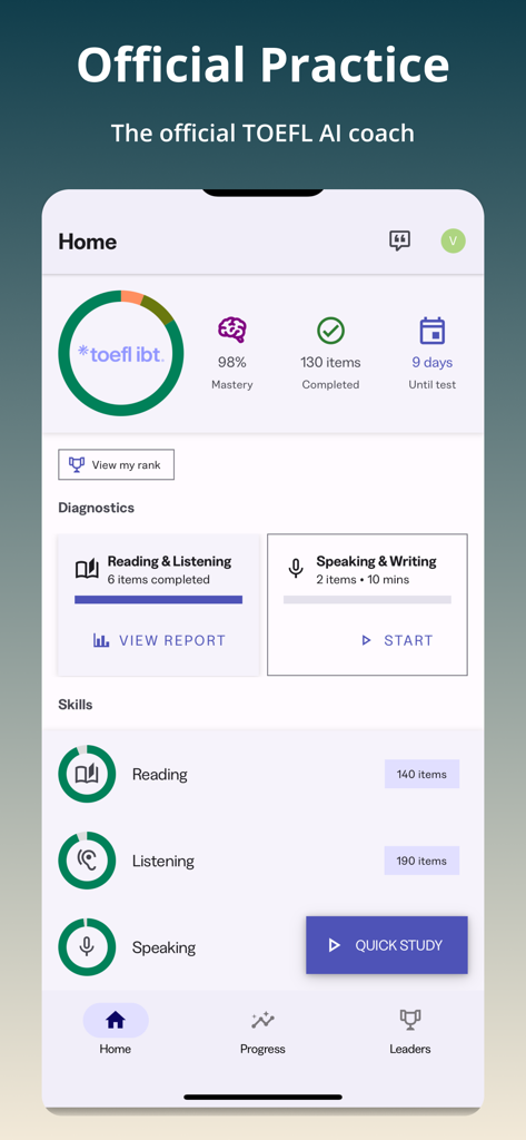 Dashboard of the Official TOEFL Practice app displaying test mastery, days until the exam, and skill progress