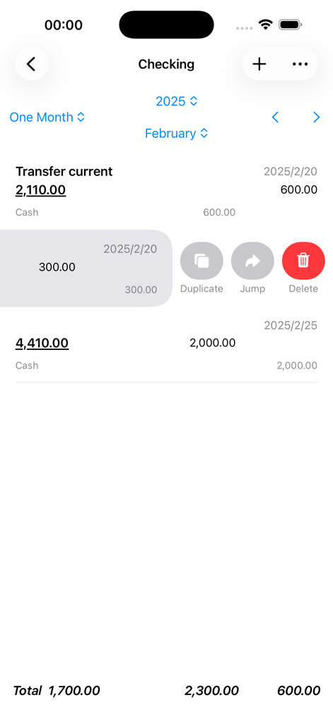 MyLedger: GnuCash Companion - Lista de transacciones de la cuenta corriente en MyLedger con opciones de duplicar y eliminar