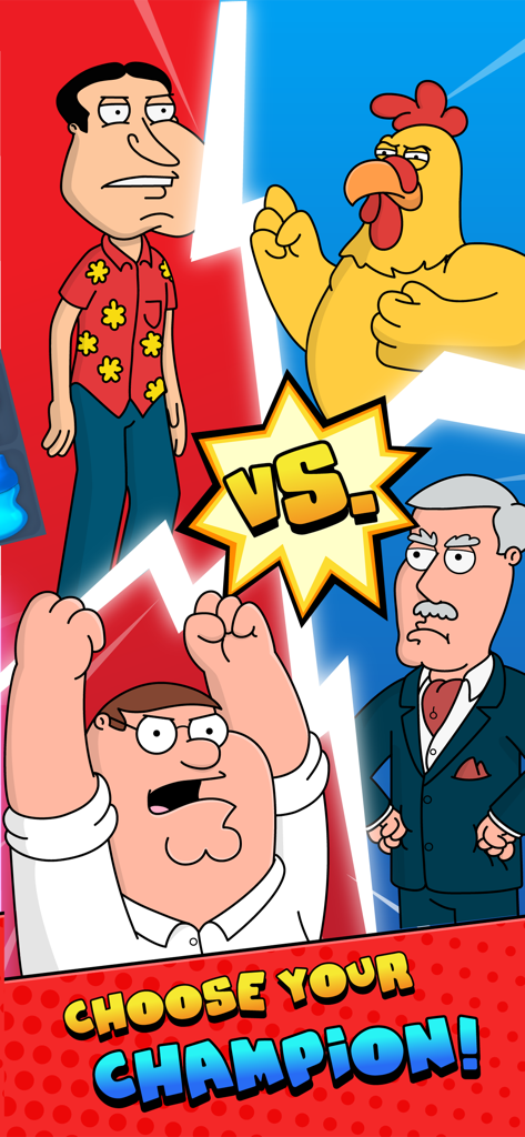 Tela de seleção de personagens no Family Guy: Mais um Jogo Móvel Incrível com Peter Griffin, Quagmire e o Frango Gigante