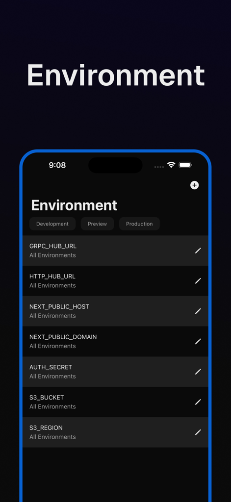 Vercel Mobile — Rev - Smartphone screen of the Rev app showing a list of environment variables for a Vercel project