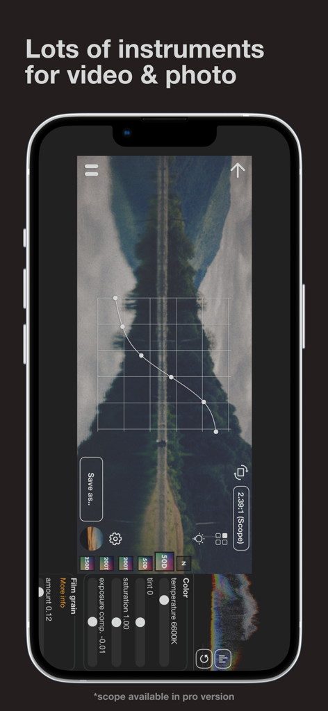Interface of the Super 16 app showing advanced color correction and manual video editing tools over a cinematic landscape shot