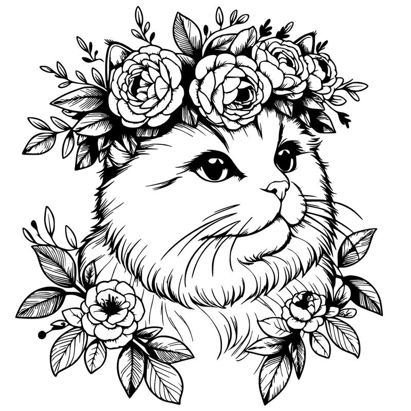 realistic cat with flowers crown