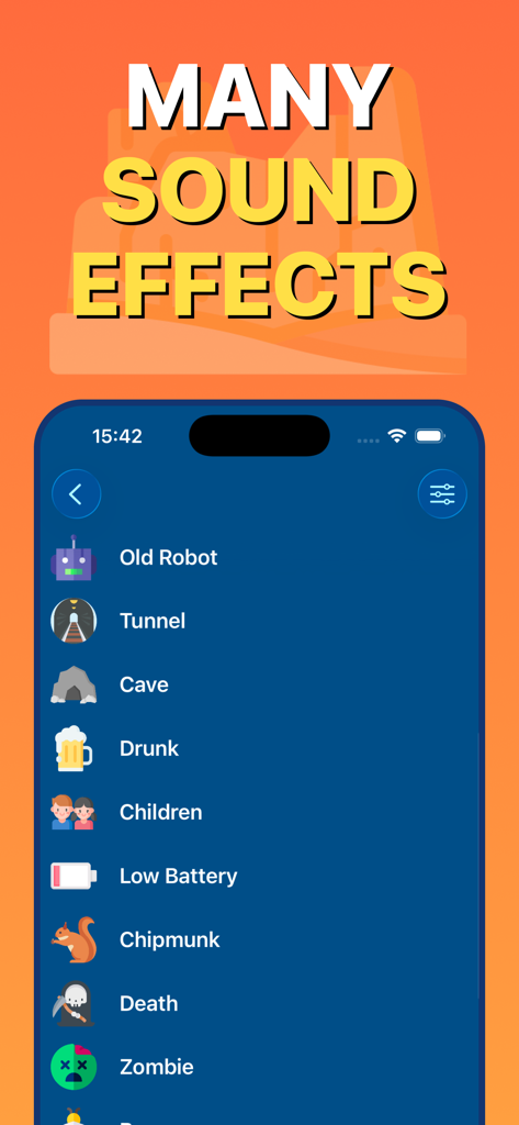 Voice Changer — Sound Effects - Una interfaz de aplicación móvil que muestra una lista de efectos de transformación de voz, incluyendo robot, túnel y ardilla