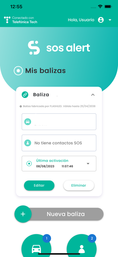 SOS Alert - A screen from the SOS Alert app displaying a list of registered emergency beacons and vehicle connection status.
