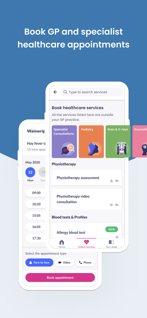 Telas do aplicativo móvel Patient Access mostrando categorias de serviços de saúde e opções de agendamento de consultas para consultas especializadas e fisioterapia.