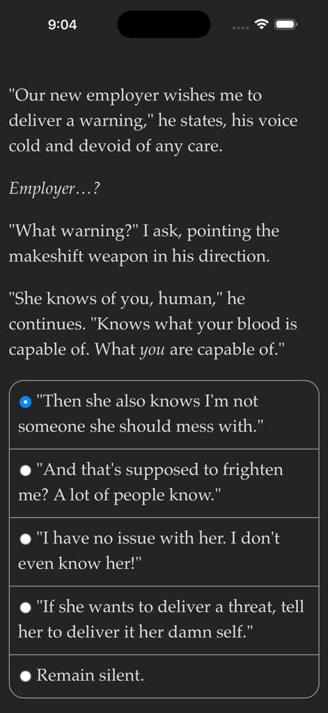 Text based interactive fiction gameplay showing story dialogue and multiple choice options.