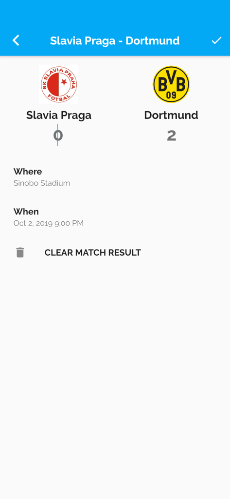 My Tournaments - スラビア・プラハ対ドルトムントの試合結果画面。スコアとスタジアムの詳細がMy Tournamentsアプリに表示されています