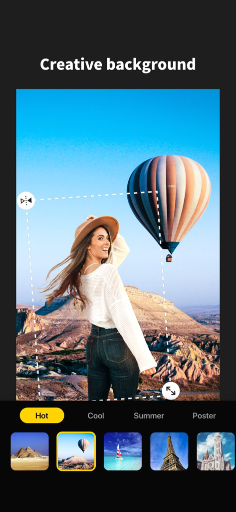 Aha Photo Lab - Interface do aplicativo Aha Photo Lab mostrando o recurso de substituição de fundo criativo com marcos mundiais