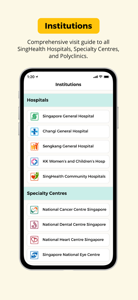 Health Buddy app screen displaying a directory of SingHealth hospitals and specialty centres