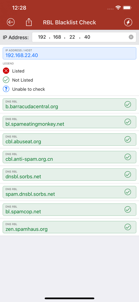 Network Utilities & Analyzer - RBL Blacklist Check tool interface in the Network Utilities and Analyzer app showing an IP address being checked against multiple DNS RBL servers