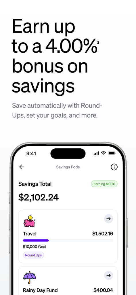 Current - Mobile Banking - Current mobile banking app Savings Pods screen showing a four percent bonus on savings with goal tracking