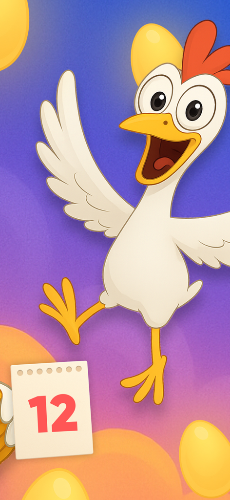 Сhеf Маstеr AI - Une mascotte de poulet dessin animé joyeuse sautant avec des œufs d'or et un calendrier montrant le nombre douze