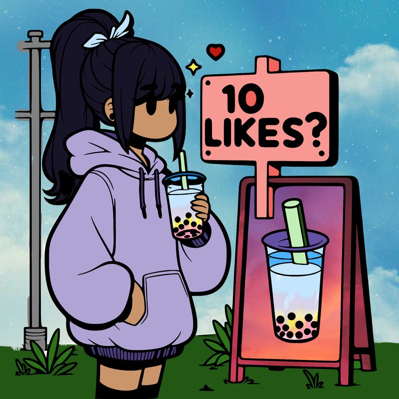 girl with oversized hoodie drinking boba and she has a high ponytail with a sign that says 10likes?