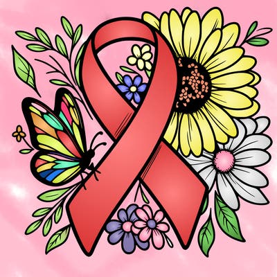cancer awareness symbol with flowers and butterflies