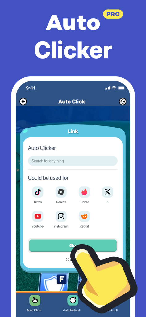 Auto Clicker – Fast Tap - Interface do aplicativo Auto Clicker mostrando links rápidos para Roblox, Tiktok e YouTube