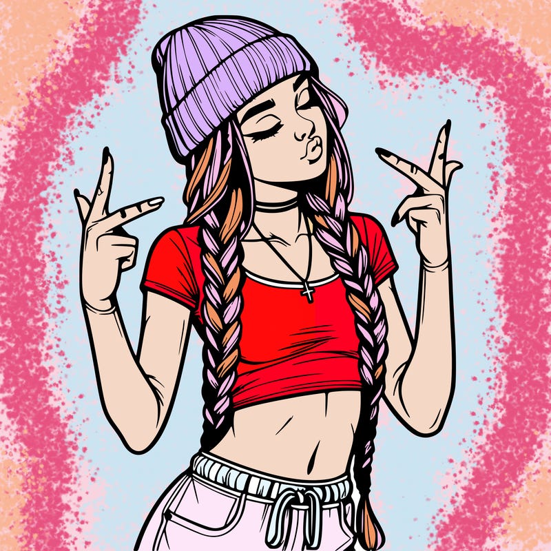realistic teenage girl with braids and a beanie and crop top doing 🫶🏼