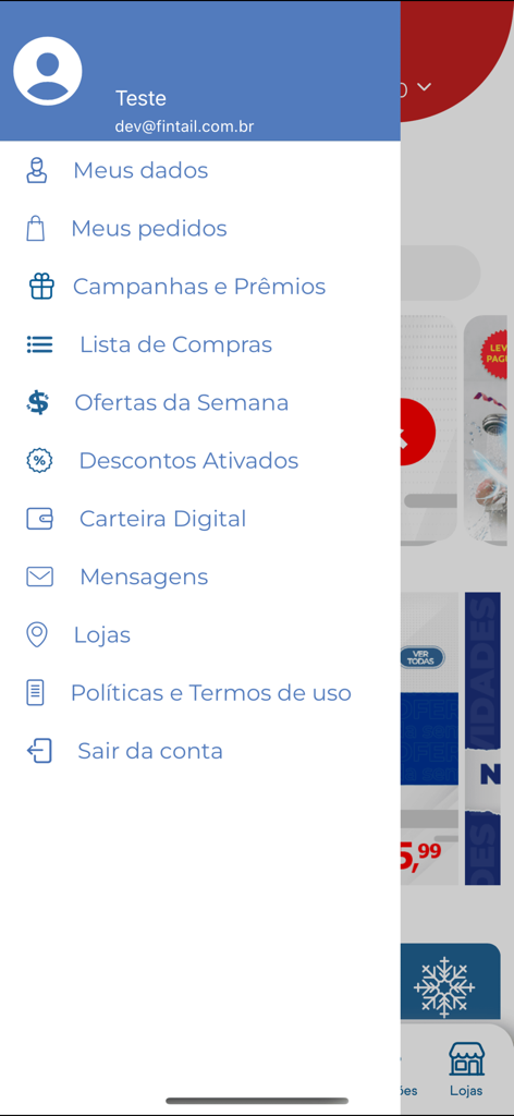 Side navigation menu of the Jau Serve Plus Delivery app featuring account options and weekly offers