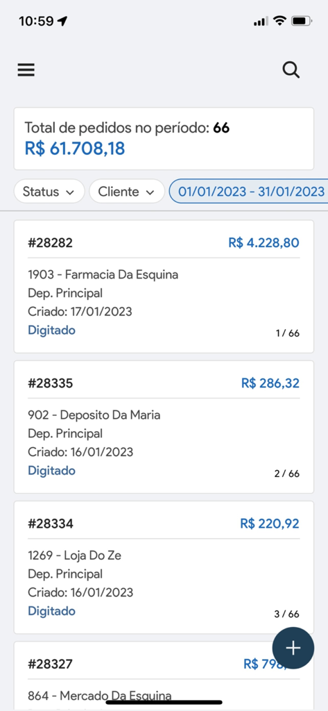 Senha Mobile - Pantalla que muestra una lista de pedidos de ventas e ingresos totales en la aplicación Senha Mobile.