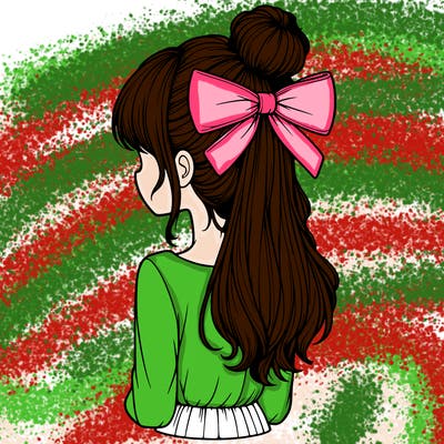 realistic girl  with hip length hair a bun and a big bow on the back of head
