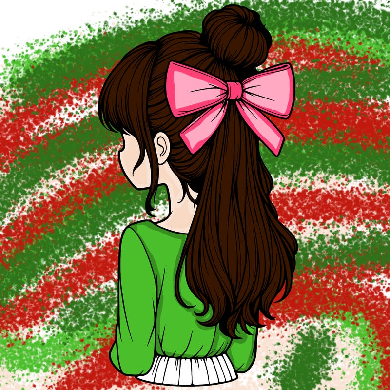 realistic girl  with hip length hair a bun and a big bow on the back of head