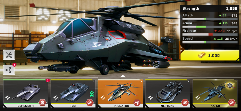 Predator helicopter stats and customization screen in Massive Warfare