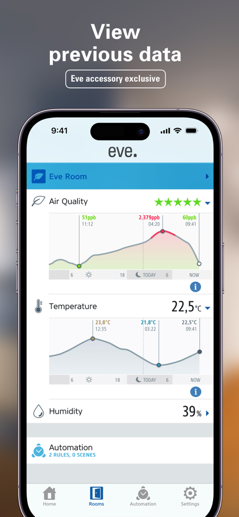 Eve for Matter & HomeKit - Smartphone screen displaying Eve app with air quality and temperature history charts